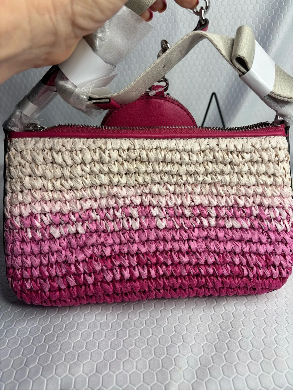 Michael Kors Pink Ombre Woven Crossbody Bag with Pink Leather Accents NWT - Picture 9 of 11